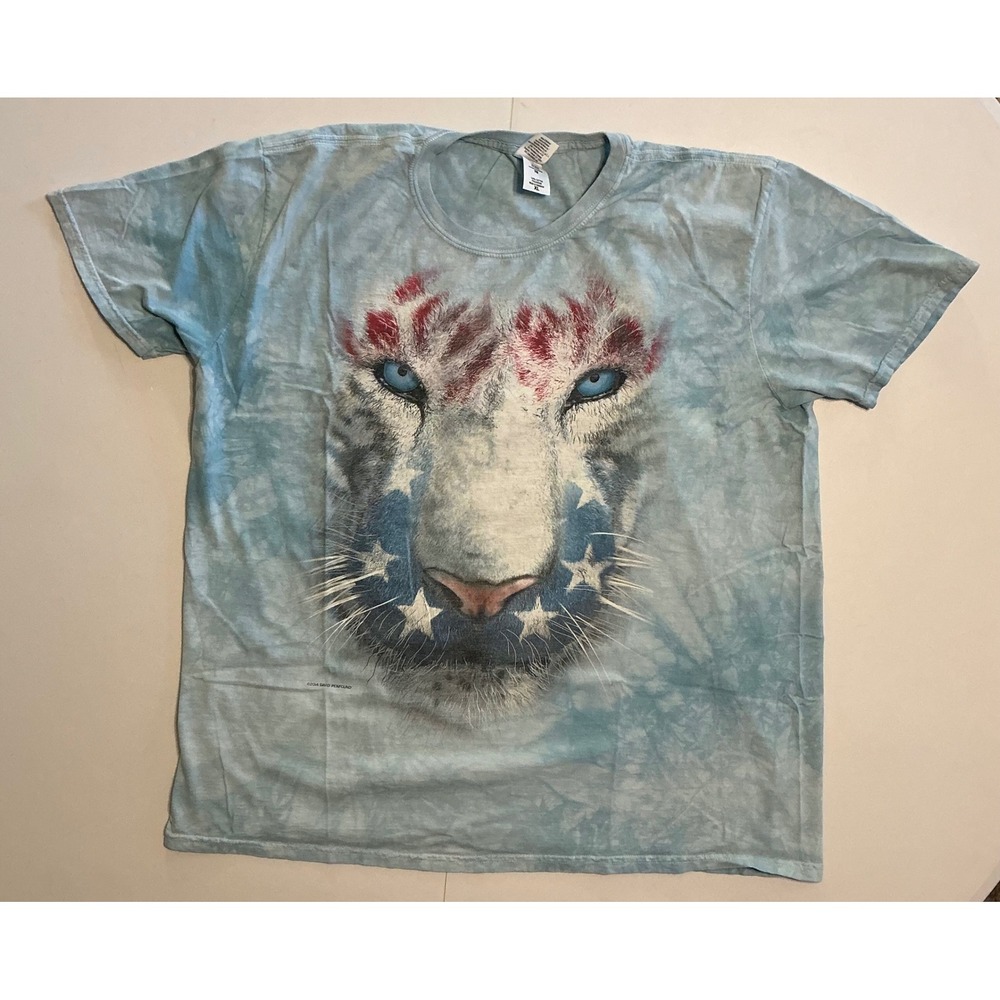 VTG Y2K T-Shirt Fourth of July Patriotic Tiger American Flag Tie Dye Blue XL